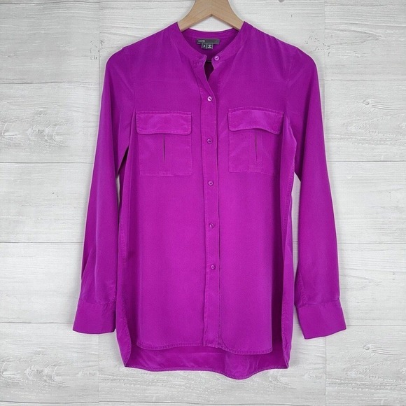 Vince Womens Silk Buttoned-Up Long Sleeve Top Blouse Size 2 Fuchsia Pink Pockets - Picture 1 of 14